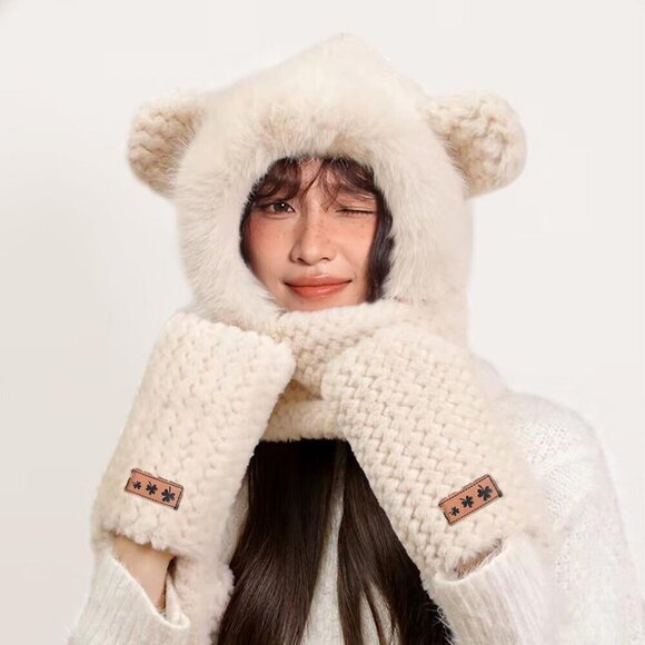 Women\'s Beige Hooded Scarf Cute Bear Ear Hat Faux Fur Gloves Set Soft main image 5